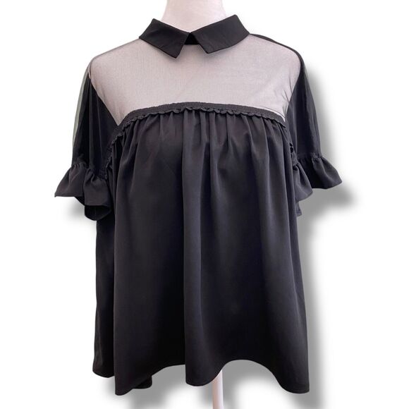 Ina Top Womens Small Black Ruffle Short Sleeve Sheer Babydoll Blouse Goth Fairy - Picture 1 of 9